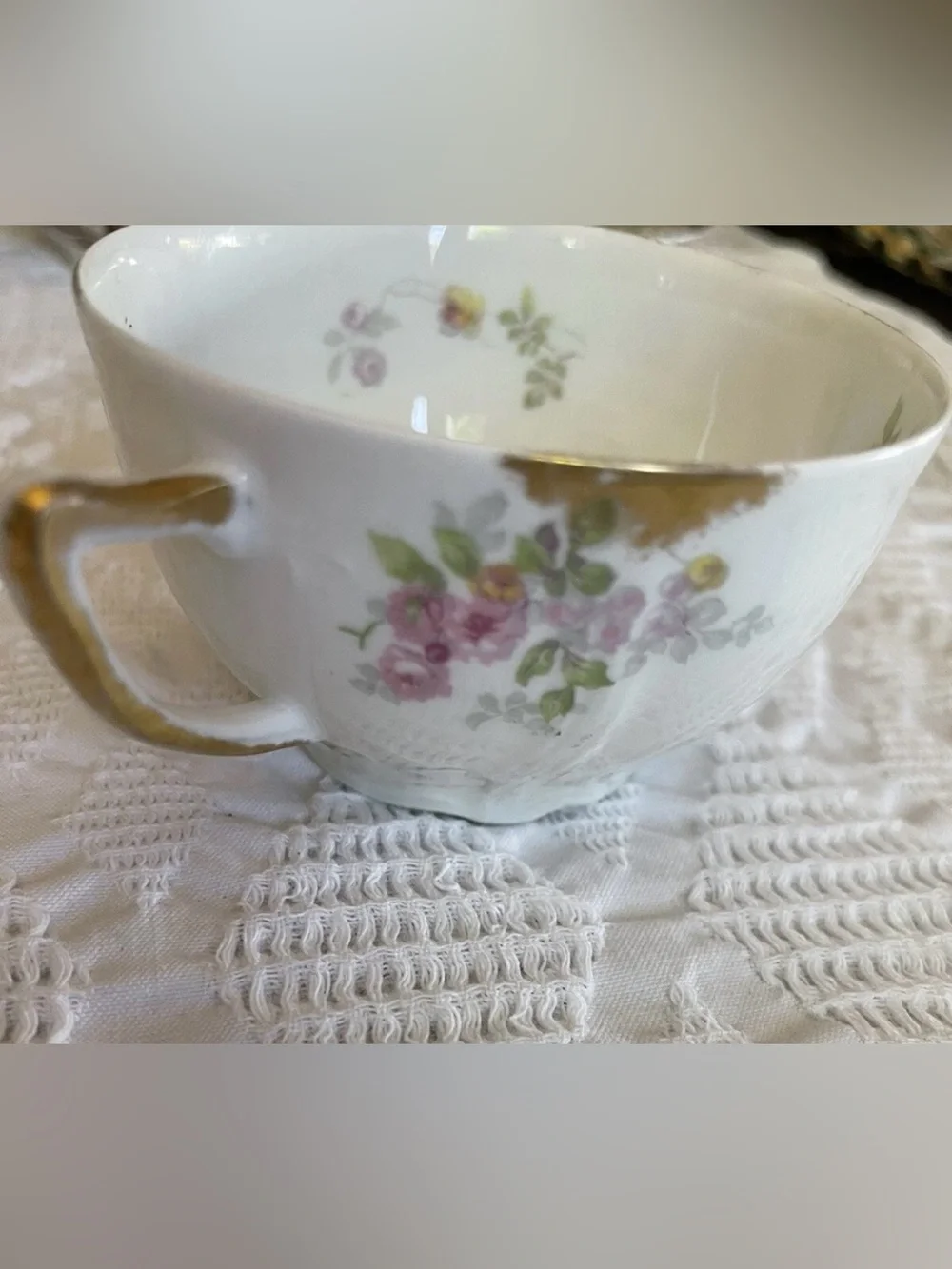 Antique Limoges France floral rose double handled bouillon/soup cup